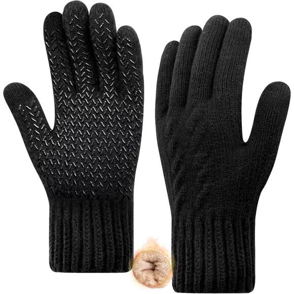 Men's Black Winter Warm Fleece Lined Anti Slip Knit Touch Screen Gloves - Picture 1 of 6